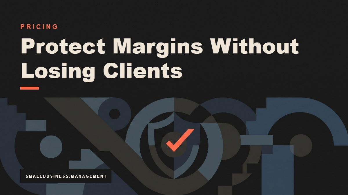 Social card for smallbusiness.management: "Protect Margins Without Losing Clients", flat-design graphic, split layout, cobalt palette, shield motif.