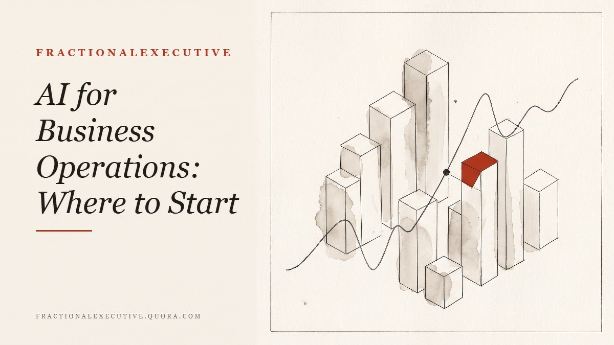 Social card for fractionalexecutive.quora.com: "AI for Business Operations: Where to Start", flat-design graphic, split layout, chart motif.