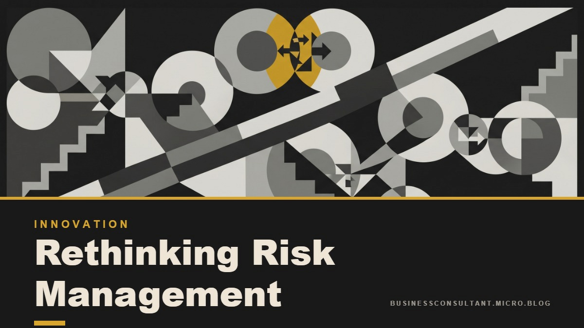 Social card for businessconsultant.micro.blog: "Rethinking Risk Management", flat-design graphic, diagonal layout, oxblood palette, shield motif.