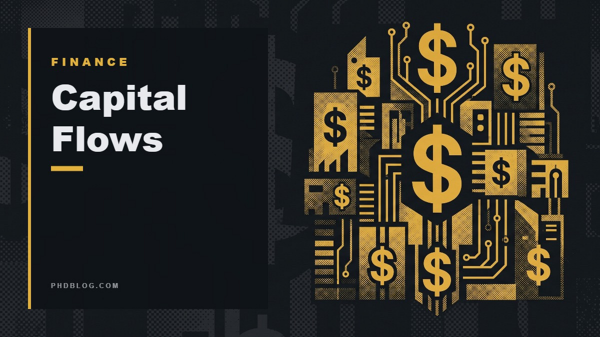 Social card for phdblog.com: "Capital Flows", flat-design graphic, slab layout, teal palette, dollar motif.