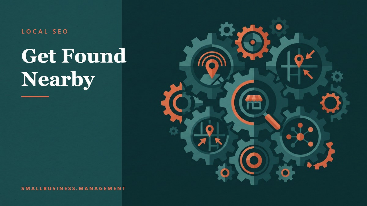 Social card for smallbusiness.management: "Get Found Nearby", flat-design graphic, split layout, teal palette, gear motif.