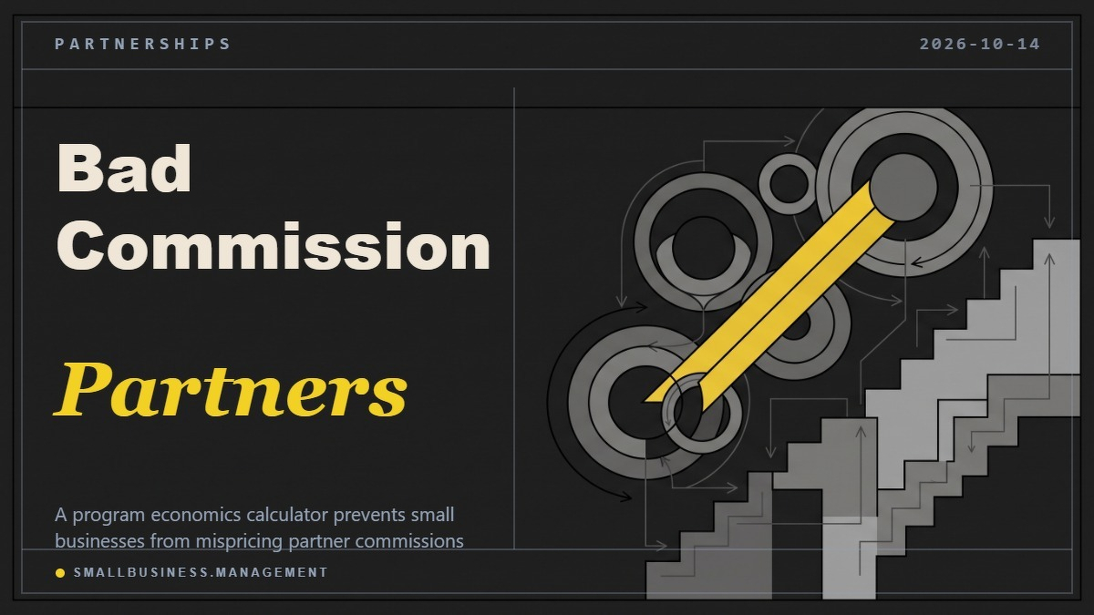 Social card for smallbusiness.management: "Bad Commission Math Repels Partners", flat-design graphic, split layout, teal palette, chart motif.