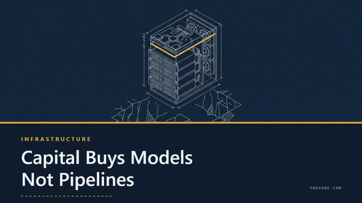 Social card for youtube.com: "Capital Buys Models Not Pipelines", flat-design graphic, split layout, warning motif.