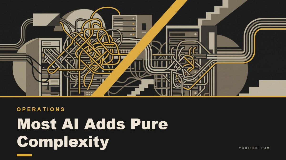 Social card for youtube.com: "Most AI Adds Pure Complexity", flat-design graphic, split layout, plum palette, chart motif.