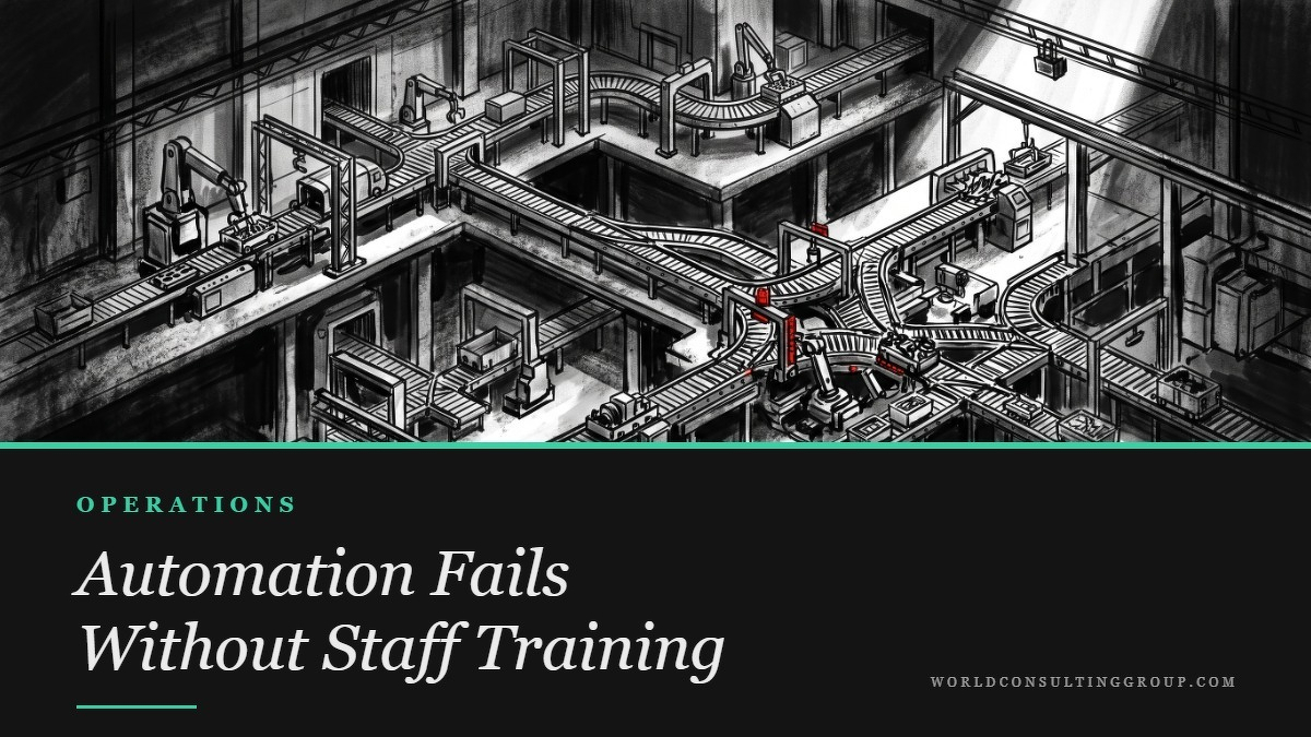 Social card for worldconsultinggroup.com: "Automation Fails Without Staff Training", flat-design graphic, split layout, teal palette, roadmap motif.