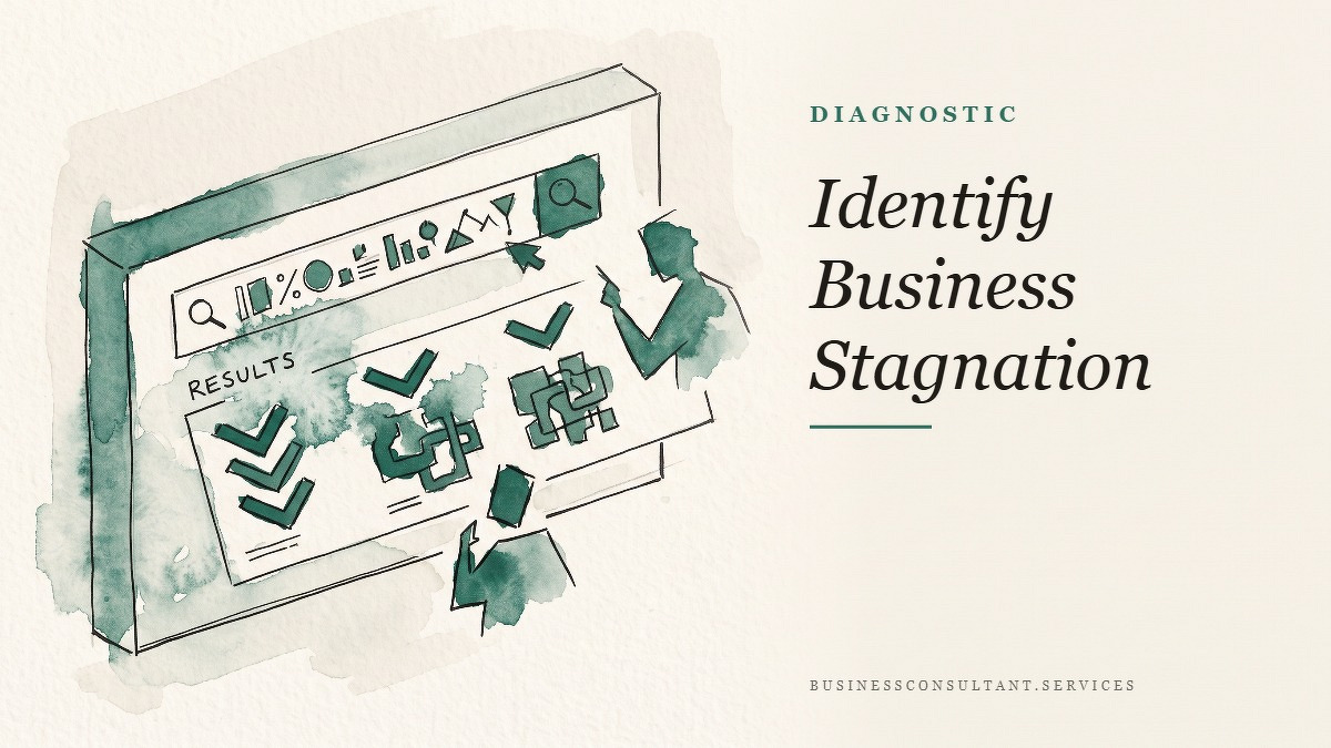 Social card for businessconsultant.services: "Identify Business Stagnation", flat-design graphic, split layout, forest palette, chart motif.