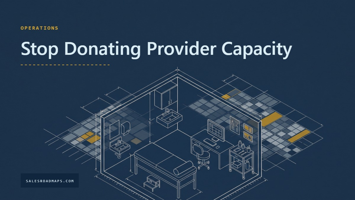 Social card for salesroadmaps.com: "Stop Donating Provider Capacity", flat-design graphic, split layout, teal palette, dollar motif.