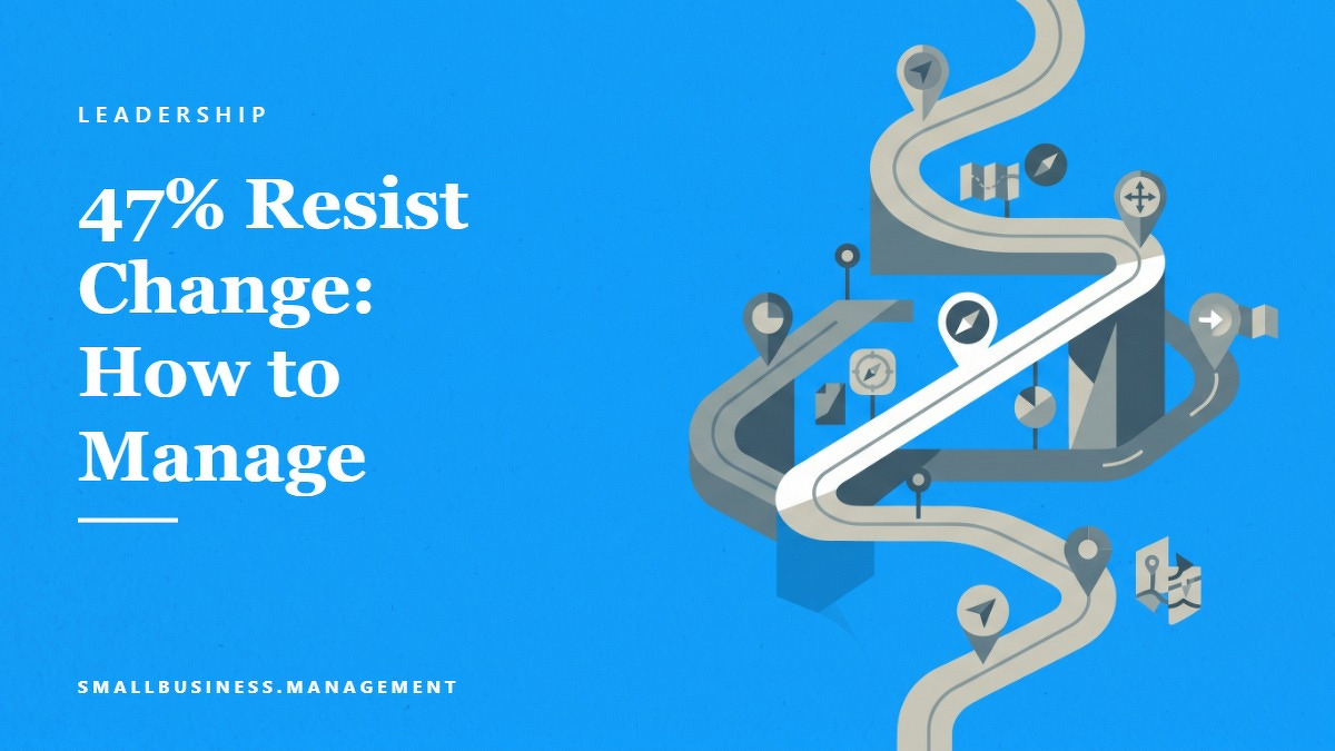 Social card for smallbusiness.management: "47% Resist Change: How to Manage", flat-design graphic, split layout, teal palette, roadmap motif.