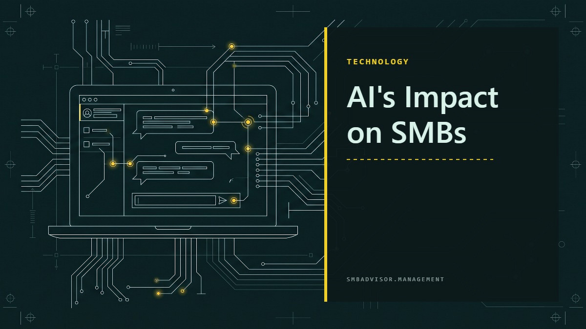 Social card for smbadvisor.management: "AI's Impact on SMBs", flat-design graphic, split layout, ink palette, trend-up motif.