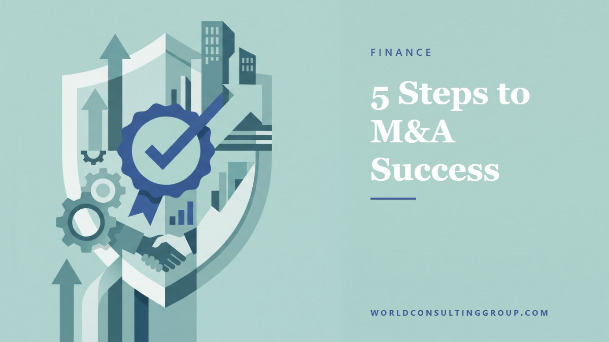 Social card for worldconsultinggroup.com: "5 Steps to M&A Success", flat-design graphic, split layout, ink palette, shield motif.