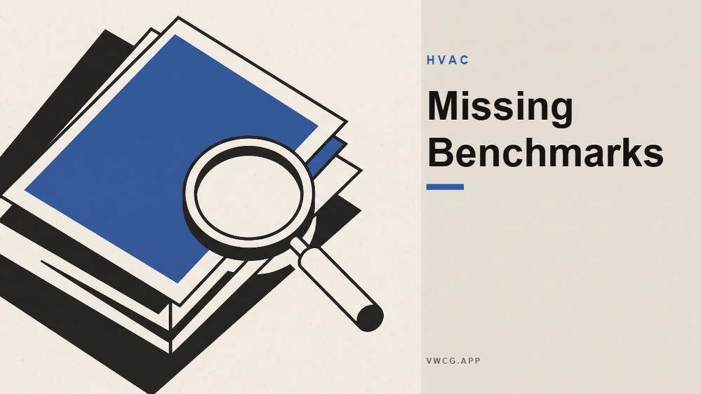 Social card for vwcg.app: "Missing Benchmarks", flat-design graphic, split layout, oxblood palette, warning motif.