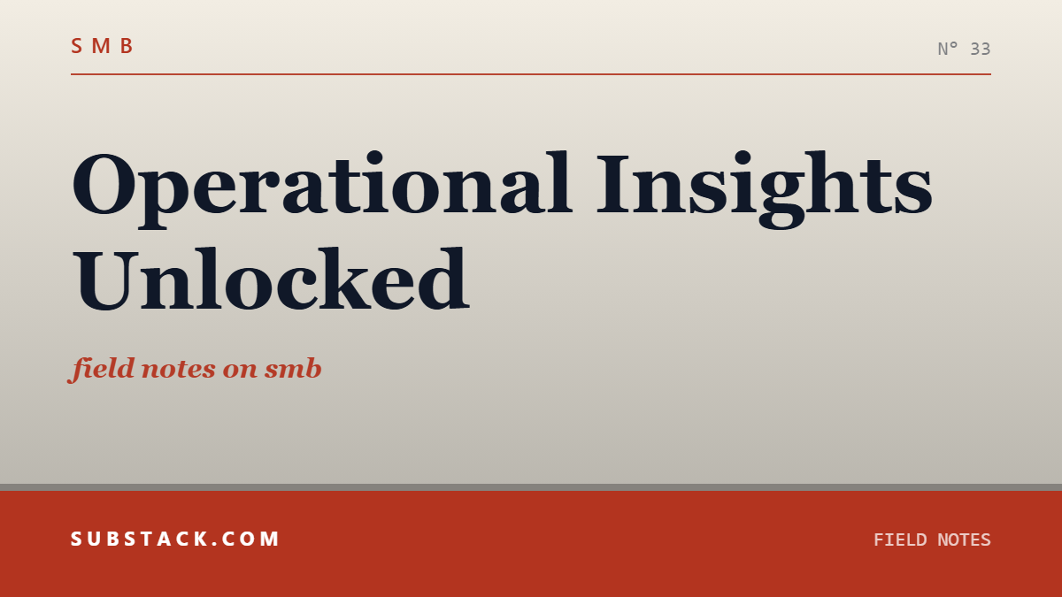 Social card for substack.com: "Operational Insights Unlocked", flat-design graphic, slab layout, paper palette, gear motif.