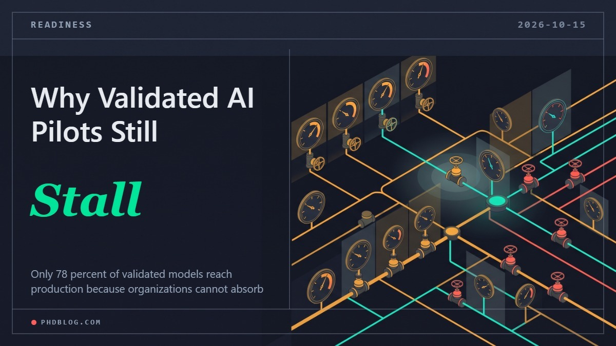 Social card for phdblog.com: "Why Validated AI Pilots Still Stall", flat-design graphic, split layout, chart motif.