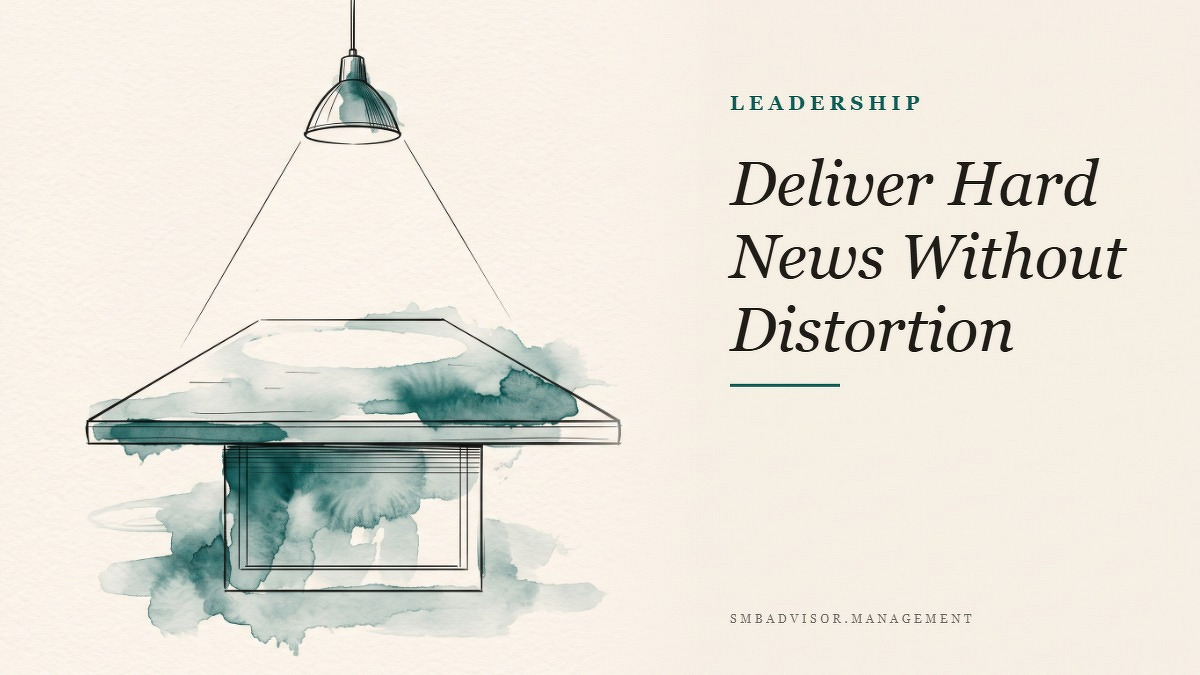 Social card for smbadvisor.management: "Deliver Hard News Without Distortion", flat-design graphic, slab layout, teal palette, shield motif.