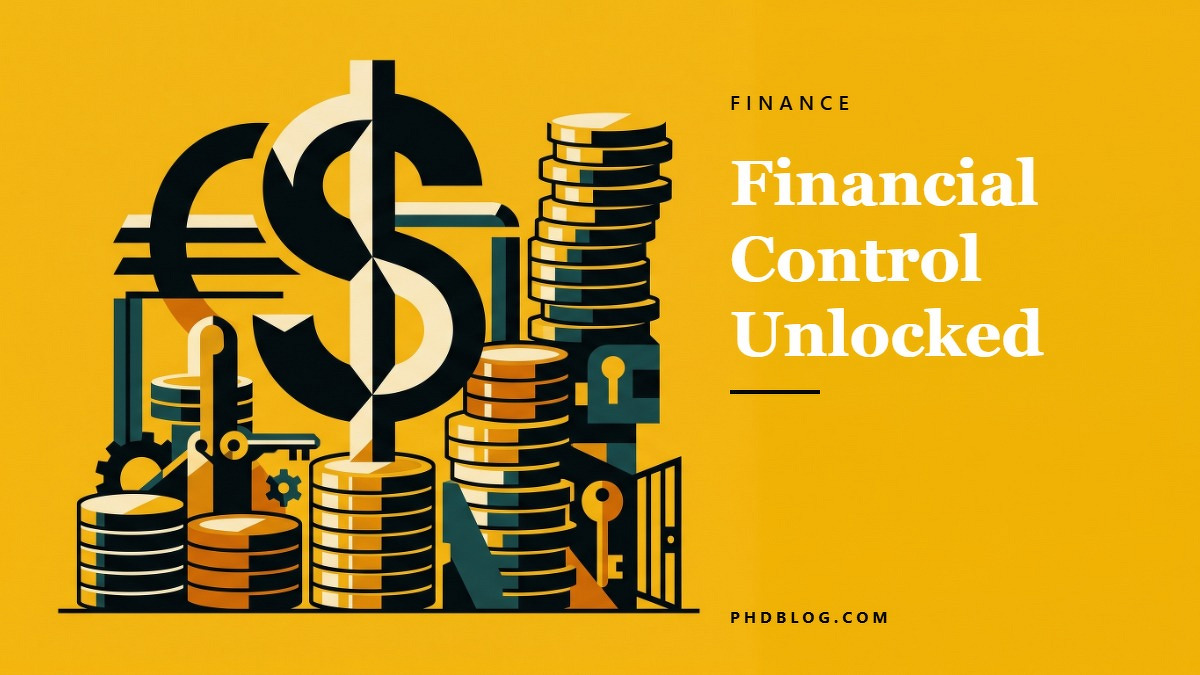 Social card for phdblog.com: "Financial Control Unlocked", flat-design graphic, slab layout, slate palette, dollar motif.