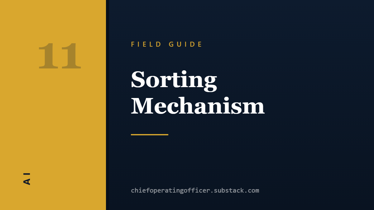 Social card for chiefoperatingofficer.substack.com: "Sorting Mechanism", flat-design graphic, split layout, ink palette, shield motif.