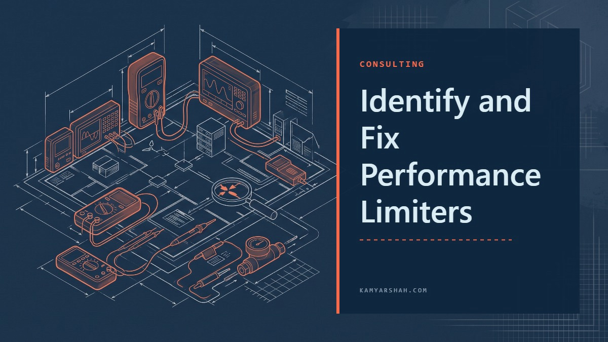 Social card for kamyarshah.com: "Identify and Fix Performance Limiters", flat-design graphic, split layout, oxblood palette, chart motif.