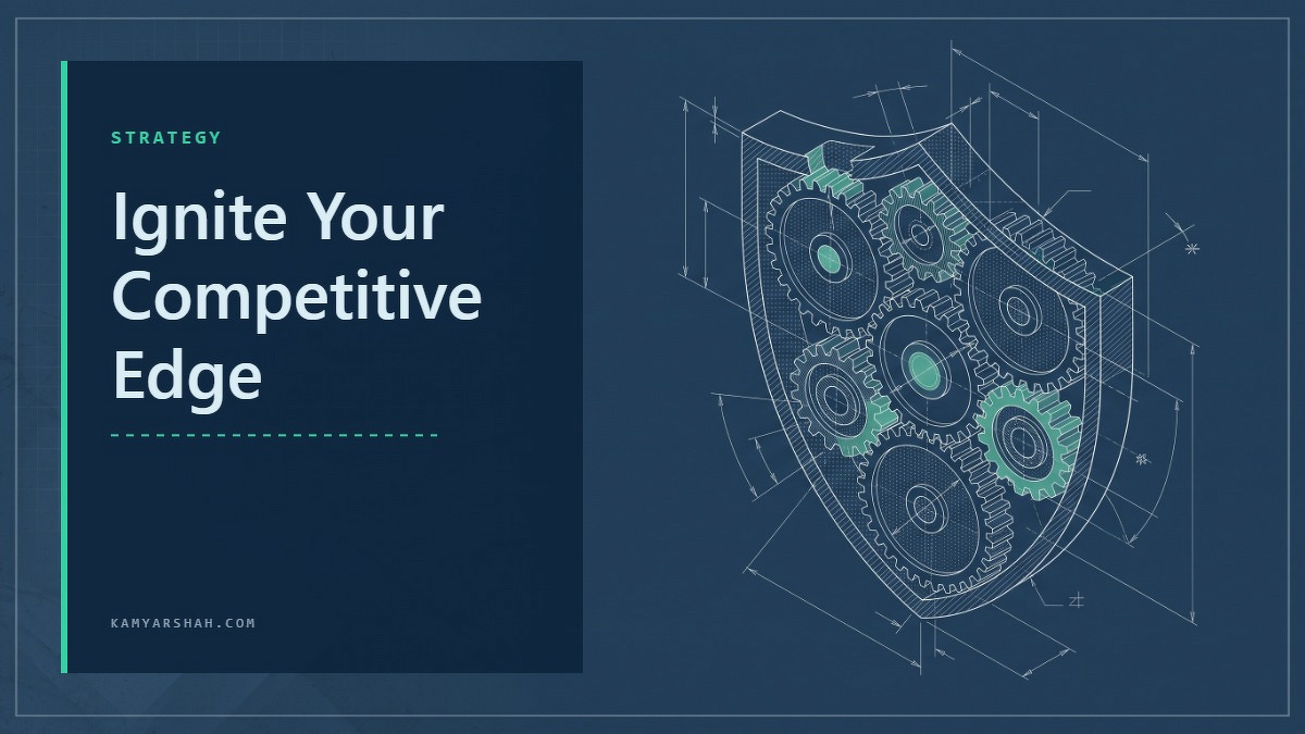 Social card for kamyarshah.com: "Ignite Your Competitive Edge", flat-design graphic, split layout, cobalt palette, chart motif.