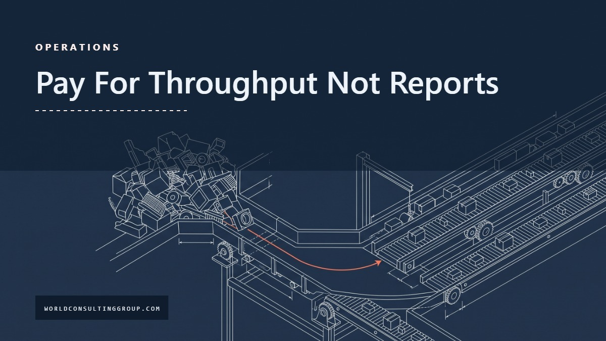 Social card for worldconsultinggroup.com: "Pay For Throughput Not Reports", flat-design graphic, split layout, slate palette, chart motif.