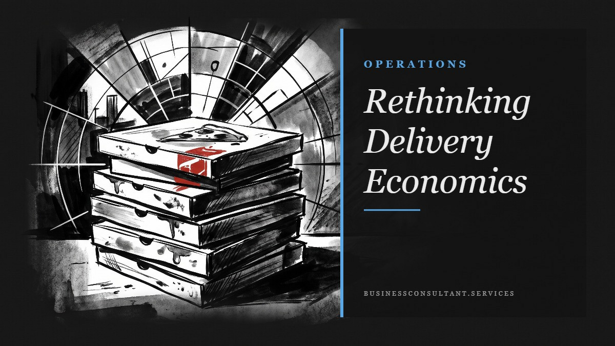 Social card for businessconsultant.services: "Rethinking Delivery Economics", flat-design graphic, split layout, cobalt palette, chart motif.