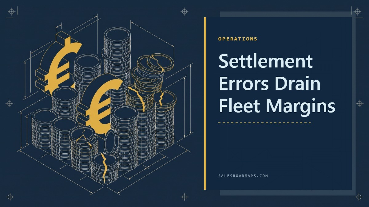 Social card for salesroadmaps.com: "Settlement Errors Drain Fleet Margins", flat-design graphic, split layout, oxblood palette, dollar motif.