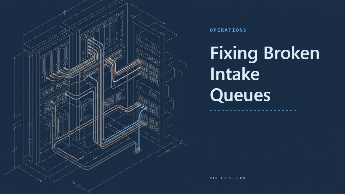 Social card for pinterest.com: "Fixing Broken Intake Queues", flat-design graphic, split layout, paper palette, link motif.