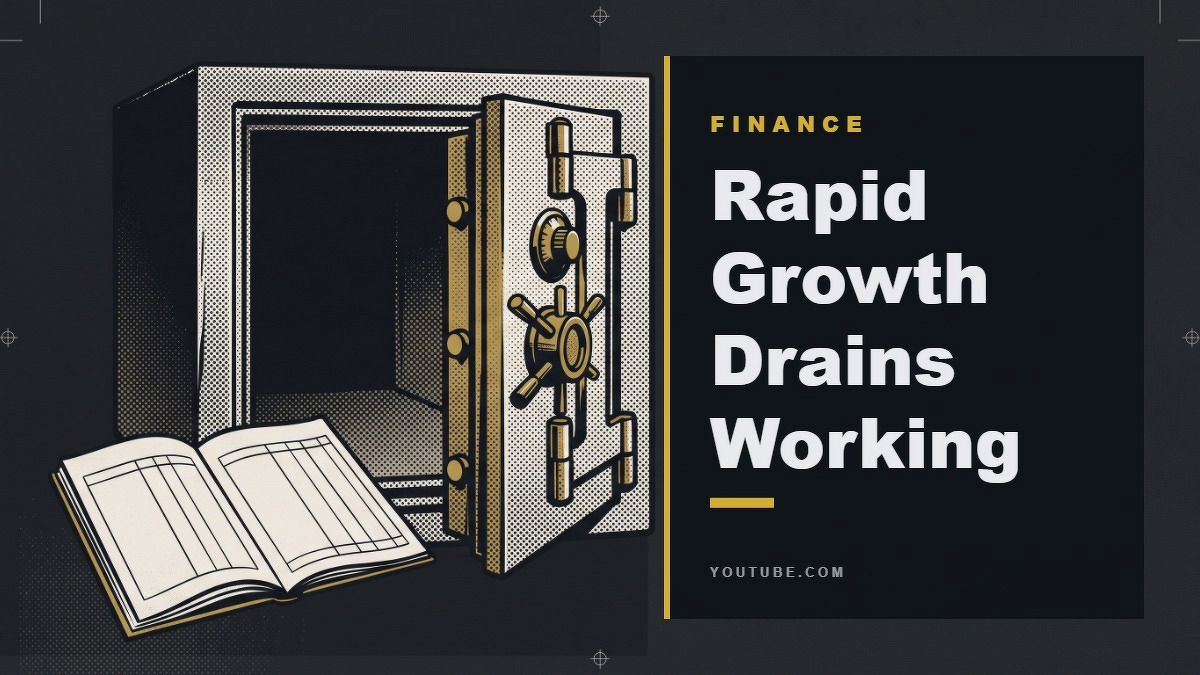 Social card for youtube.com: "Rapid Growth Drains Working Capital", flat-design graphic, split layout, ink palette, warning motif.