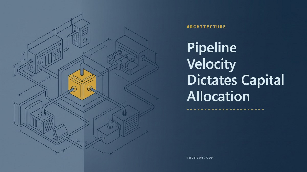 Social card for phdblog.com: "Pipeline Velocity Dictates Capital Allocation", flat-design graphic, split layout, paper palette, trend-up motif.