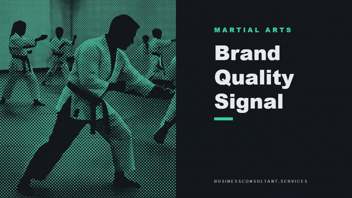 Social card for businessconsultant.services: "Brand Quality Signal", flat-design graphic, split layout, plum palette, shield motif.