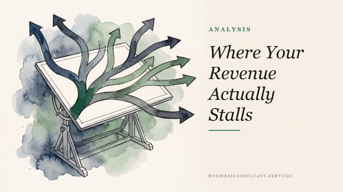 Social card for businessconsultant.services: "Where Your Revenue Actually Stalls", flat-design graphic, split layout, forest palette, roadmap motif.