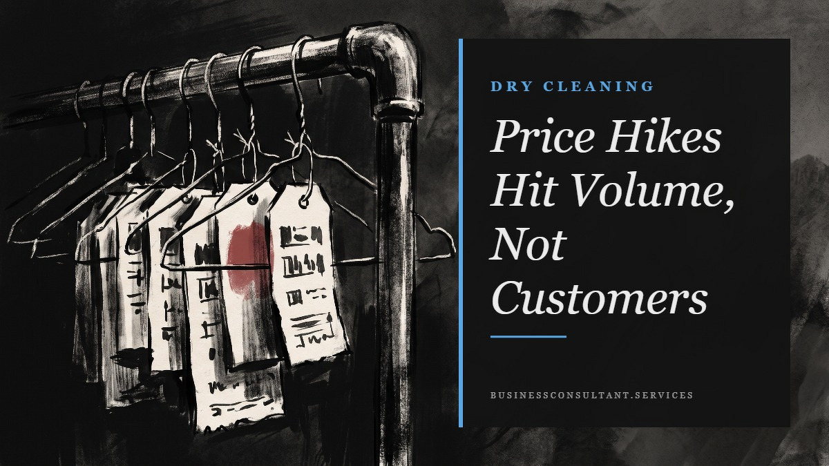 Social card for businessconsultant.services: "Price Hikes Hit Volume, Not Customers", flat-design graphic, slab layout, teal palette, chart motif.