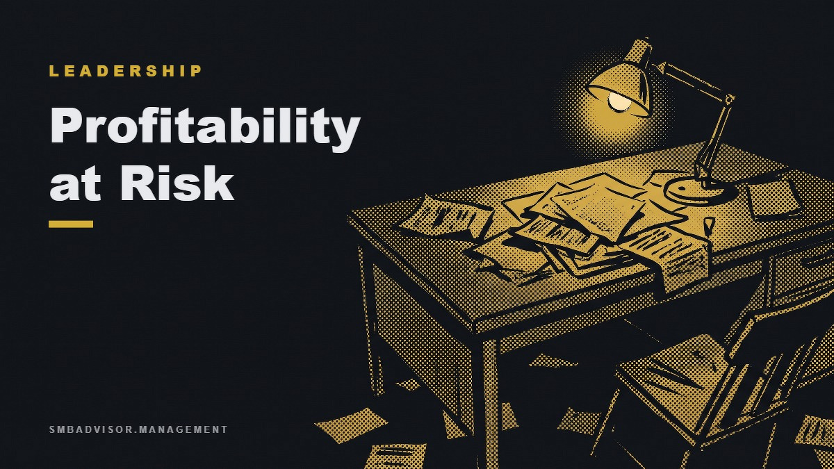 Social card for smbadvisor.management: "Profitability at Risk", flat-design graphic, split layout, cobalt palette, warning motif.