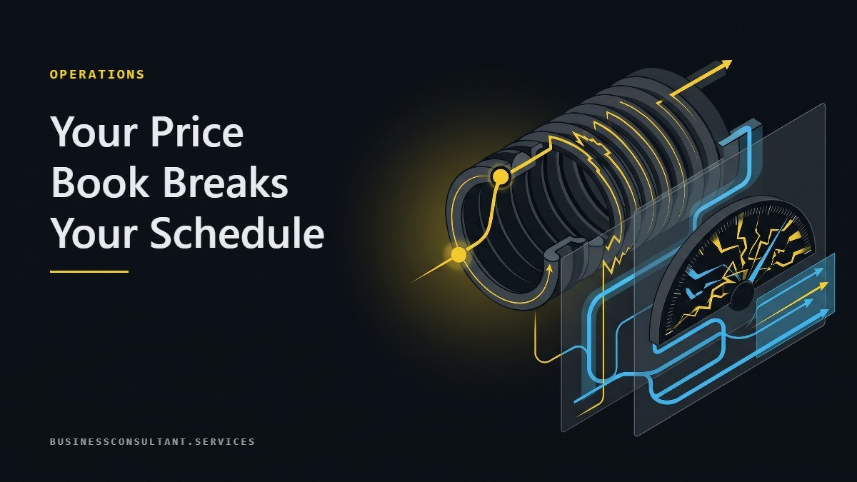 Social card for businessconsultant.services: "Your Price Book Breaks Your Schedule", flat-design graphic, split layout, warning motif.