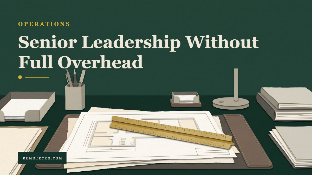 Social card for remotecxo.com: "Senior Leadership Without Full Overhead", flat-design graphic, split layout, slate palette, roadmap motif.