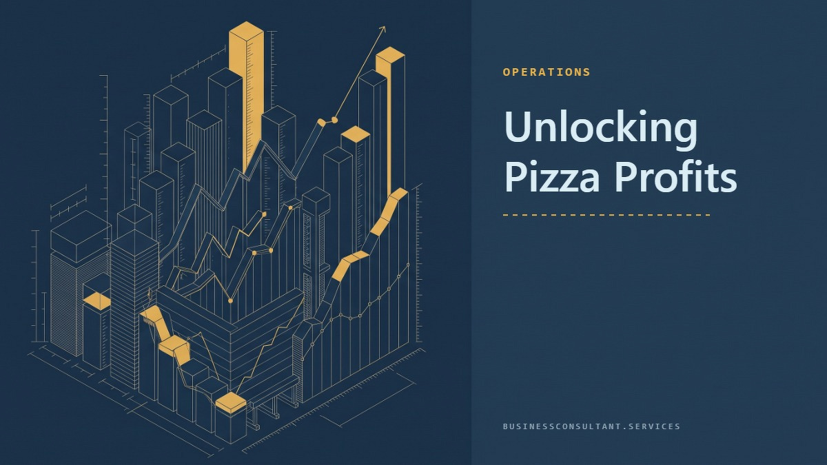 Social card for businessconsultant.services: "Unlocking Pizza Profits", flat-design graphic, split layout, cobalt palette, chart motif.
