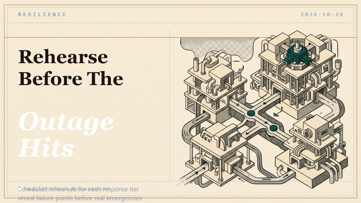 Social card for smallbusiness.management: "Rehearse Before The Outage Hits", flat-design graphic, split layout, shield motif.