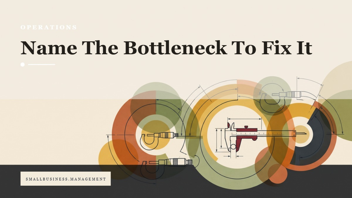 Social card for smallbusiness.management: "Name The Bottleneck To Fix It", flat-design graphic, diagonal layout, checklist motif.