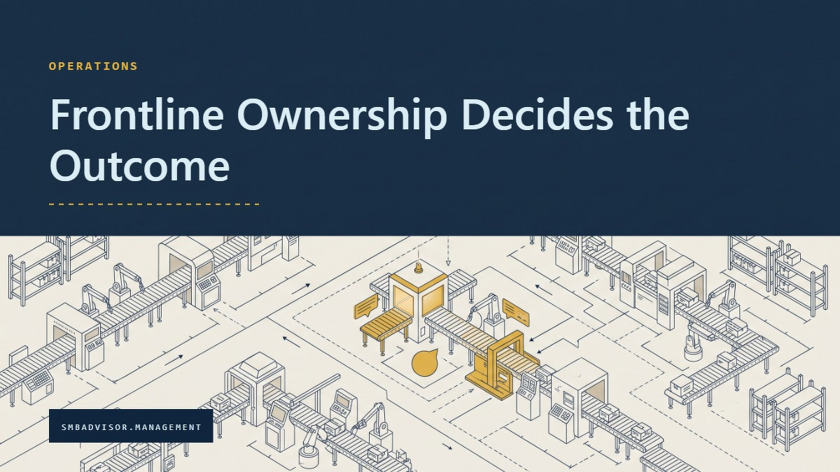 Social card for smbadvisor.management: "Frontline Ownership Decides the Outcome", flat-design graphic, split layout, slate palette, roadmap motif.