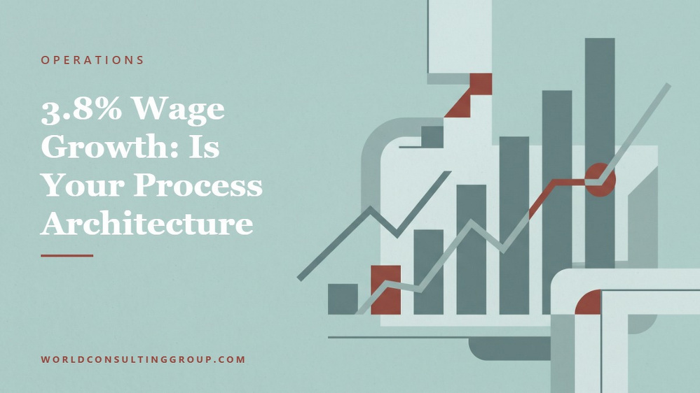 Social card for worldconsultinggroup.com: "3.8% Wage Growth: Is Your Process Architecture", flat-design graphic, split layout, slate palette, chart motif.