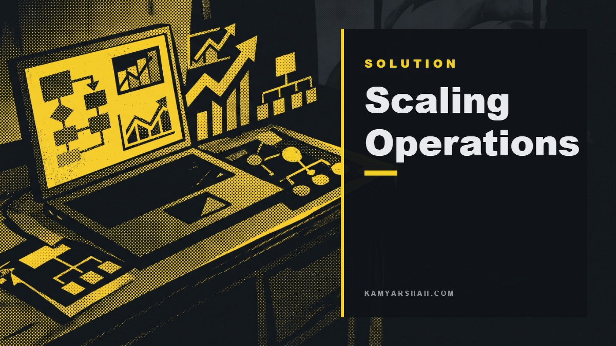 Social card for kamyarshah.com: "Scaling Operations", flat-design graphic, split layout, oxblood palette, roadmap motif.
