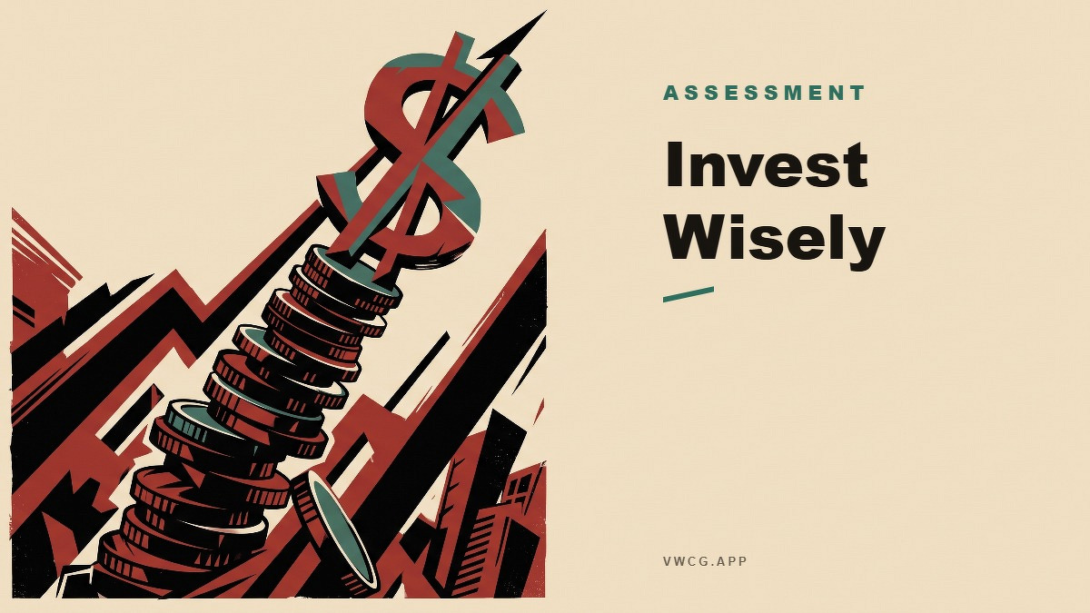 Social card for vwcg.app: "Invest Wisely", flat-design graphic, split layout, forest palette, dollar motif.