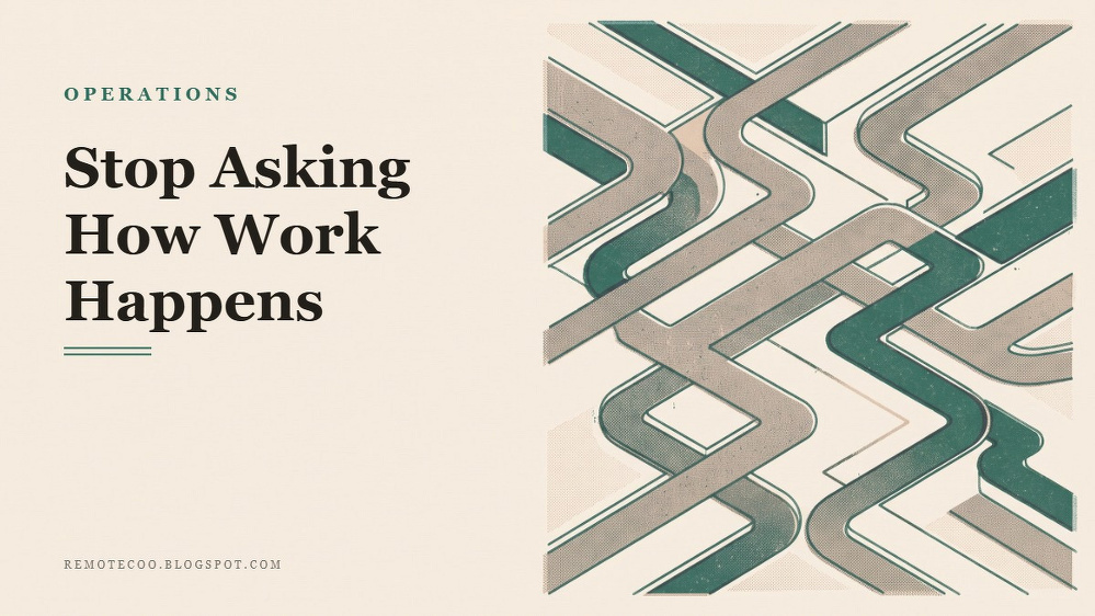 Social card for remotecoo.blogspot.com: "Stop Asking How Work Happens", flat-design graphic, split layout, slate palette, roadmap motif.