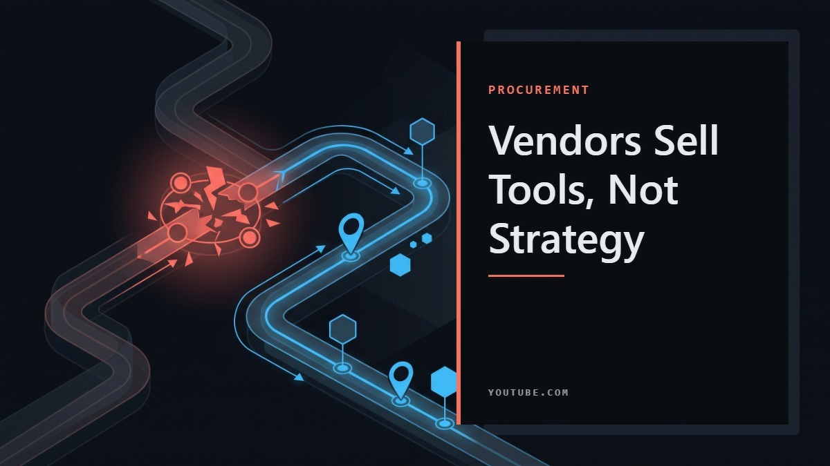 Social card for youtube.com: "Vendors Sell Tools, Not Strategy", flat-design graphic, slab layout, roadmap motif.