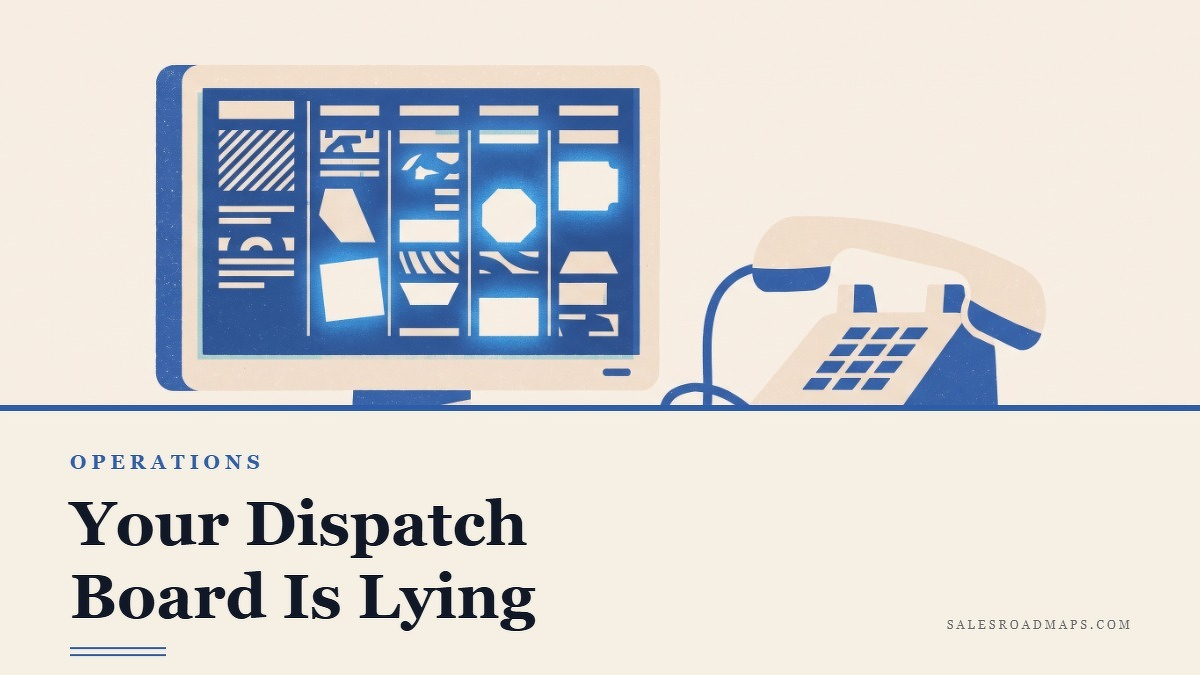 Social card for salesroadmaps.com: "Your Dispatch Board Is Lying", flat-design graphic, split layout, ink palette, truck motif.