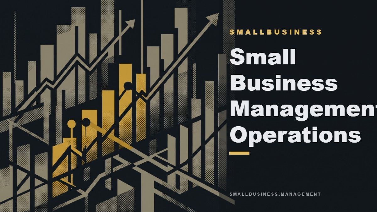 Social card for smallbusiness.management: "Small Business Management: Operations & Growth Guides", flat-design graphic, diagonal layout, chart motif.