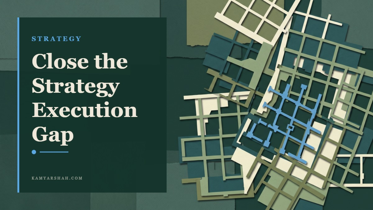 Social card for kamyarshah.com: "Close the Strategy Execution Gap", flat-design graphic, split layout, forest palette, roadmap motif.