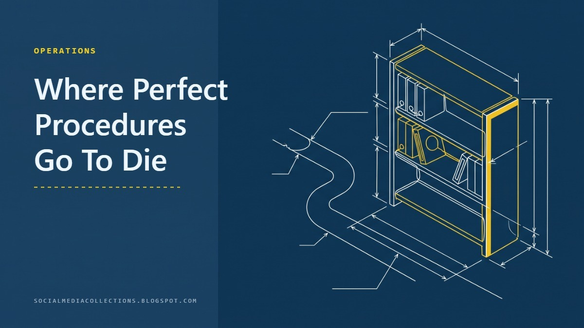Social card for socialmediacollections.blogspot.com: "Where Perfect Procedures Go To Die", flat-design graphic, split layout, checklist motif.