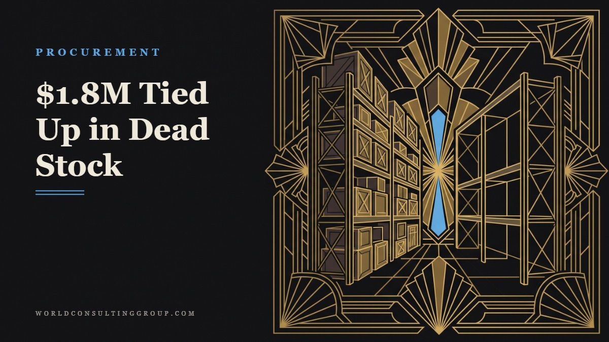 Social card for worldconsultinggroup.com: "$1.8M Tied Up in Dead Stock", flat-design graphic, slab layout, forest palette, warning motif.