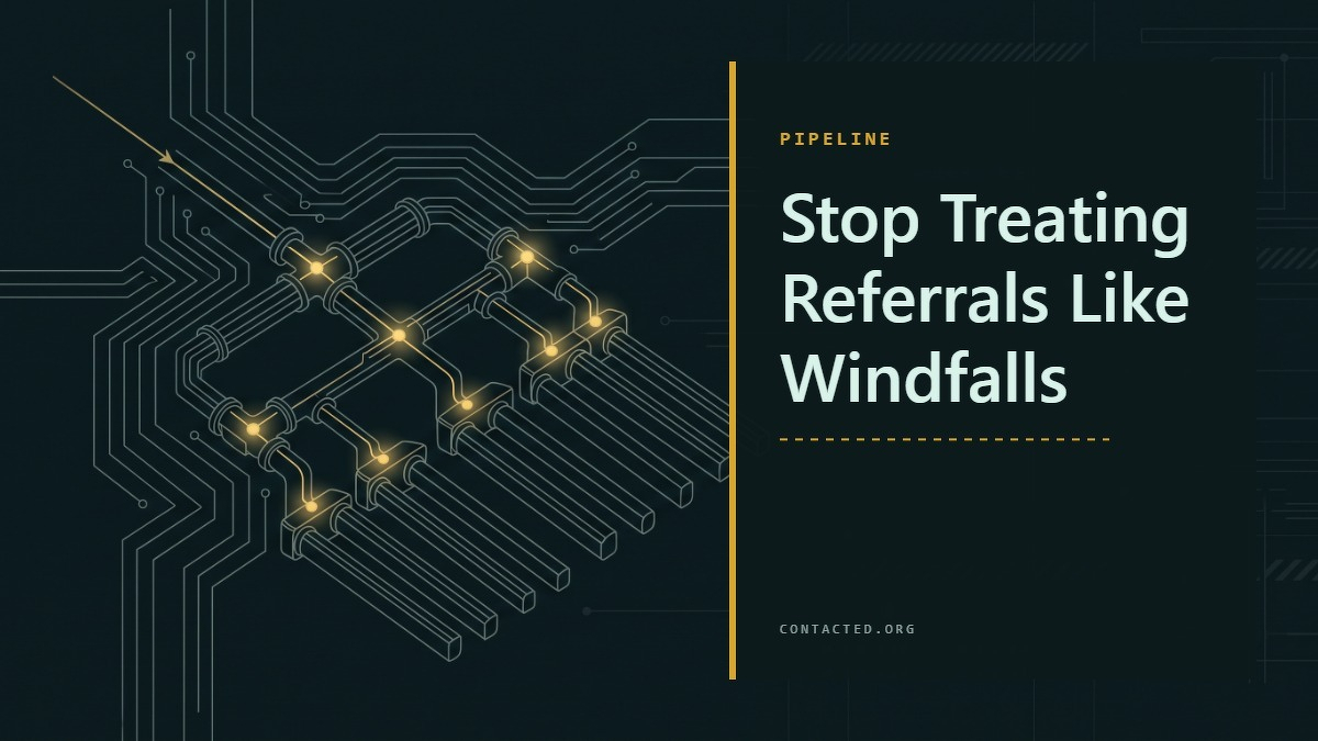 Social card for contacted.org: "Stop Treating Referrals Like Windfalls", flat-design graphic, split layout, oxblood palette, link motif.