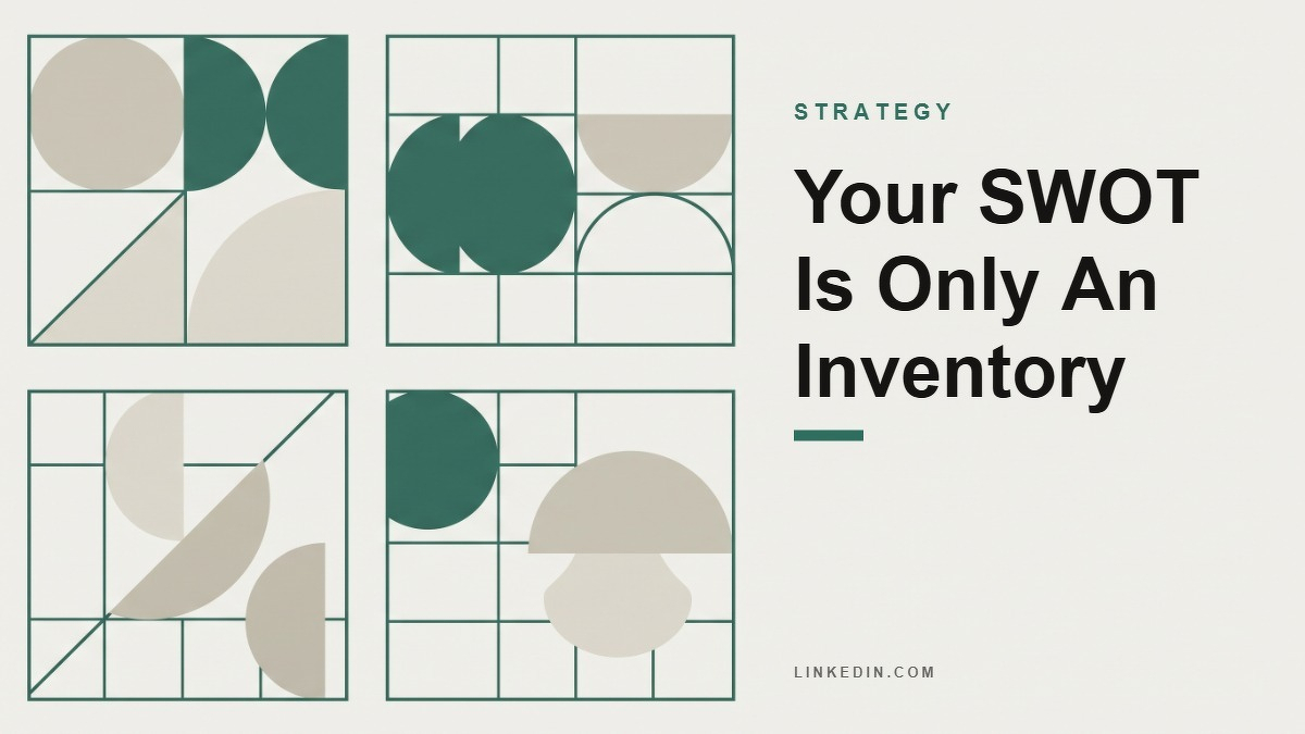 Social card for linkedin.com: "Your SWOT Is Only An Inventory", flat-design graphic, slab layout, plum palette, chart motif.
